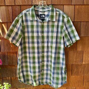 EUC The North Face Green/Blue Plaid Cotton Short Sleeve Camp Shirt in Men's XL
